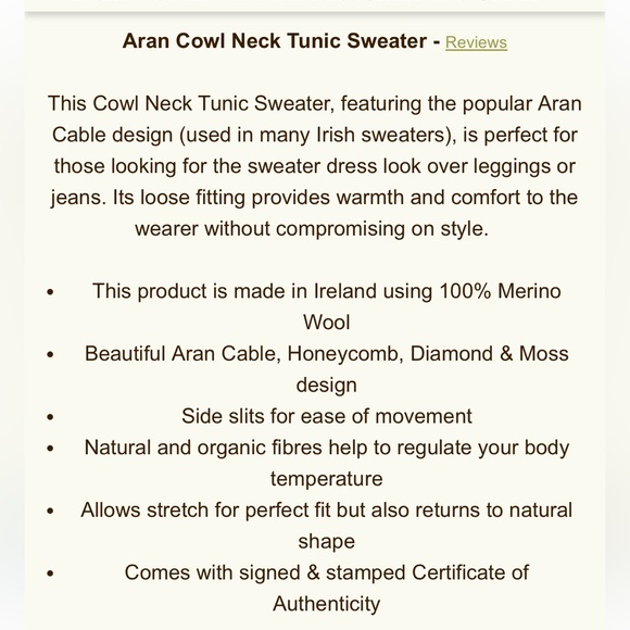 Aran Ireland Ivory Cable Knit Cowl Neck Tunic Sweater - XS - Picture 14 of 15